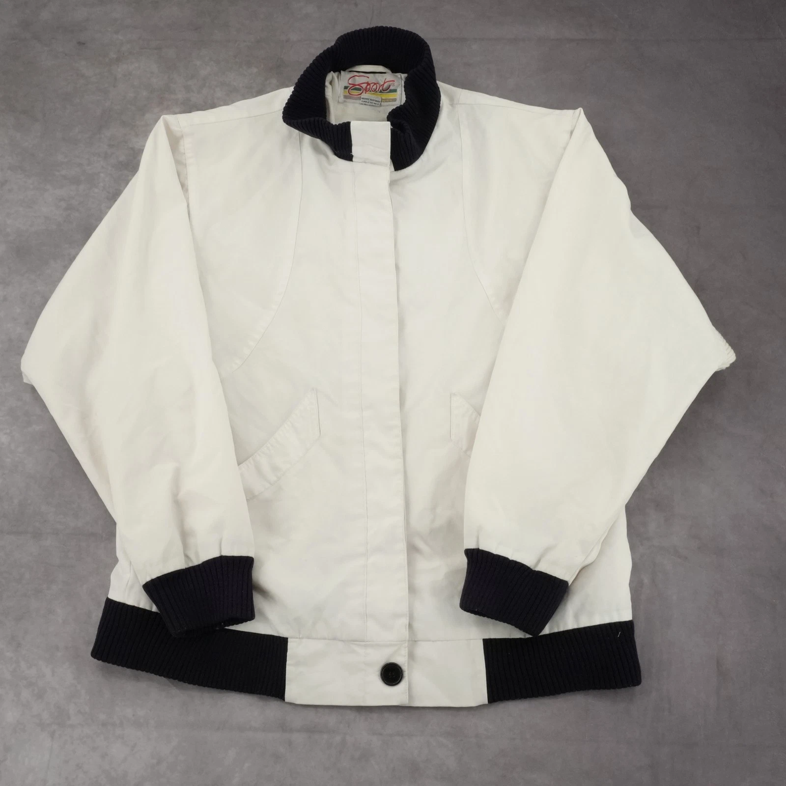 Vintage SPORT White Windbreaker Jacket Black Ribbed Cuffs Collar Size M
Opens in a new window or tab