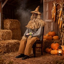 Halloween Animatronics 4.5 Ft Tricked Scary Sitting Scarecrow Dec