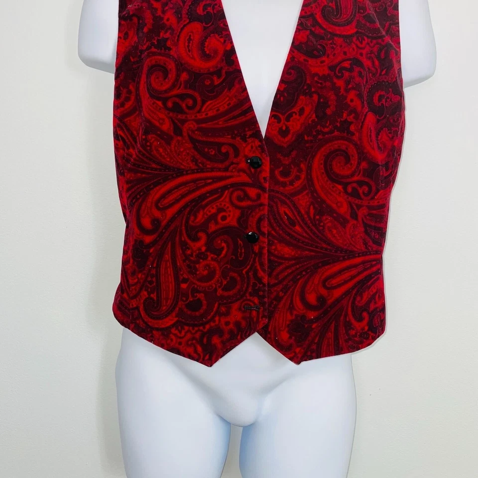 Chaleco vintage Leslie Fay para mujer M rojo negro terciopelo cachemir Foto 4 de 4