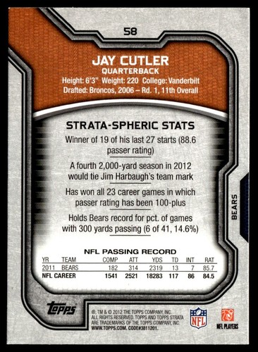 2012 Topps Strata Jay Cutler Chicago Bears #58 - Picture 2 of 2
