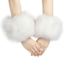 Women's Leopard Print Faux Fur Wrist Cuffs,Winter Fox Furry White With Tips