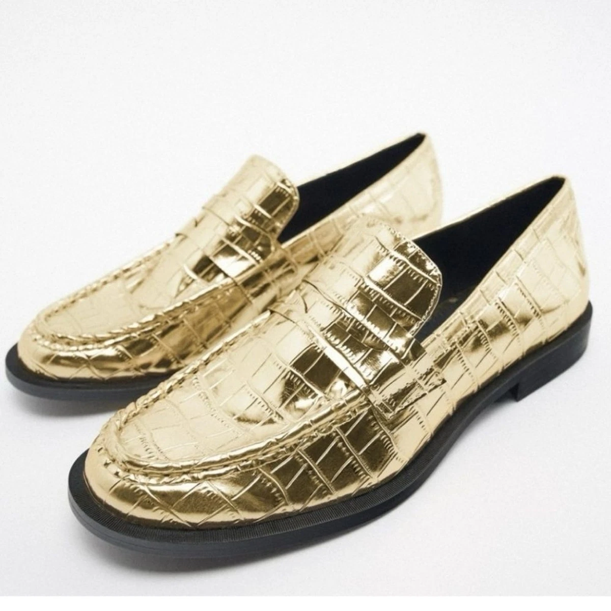 Zara Metallic Gold Croc-Embossed Loafers EMBOSSED LEATHER LOAFERS - LIMITED EDITION - Orange | ZARA  main image 3