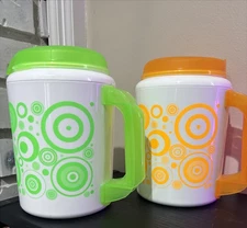 2 Jumbo Travel Mug 34 oz Thermo-Serv Super Insulated Neon Green & Orange Circles