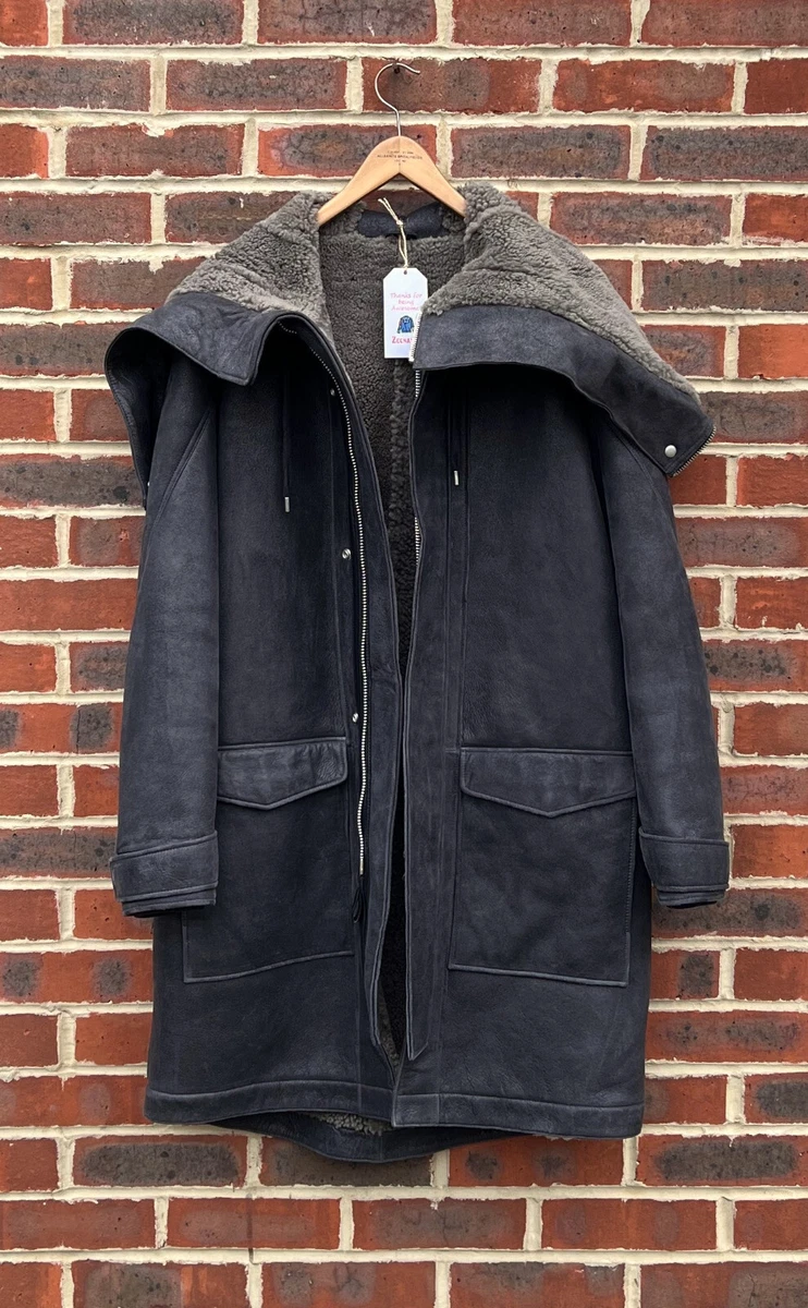 All Saints Mens HARTLEY Shearling Sheepskin Leather Jacket Large Military A373