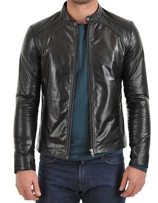 Men's Black Biker Jacket 100% Genuine Lambskin Leather Cafe Racer Moto Jacket