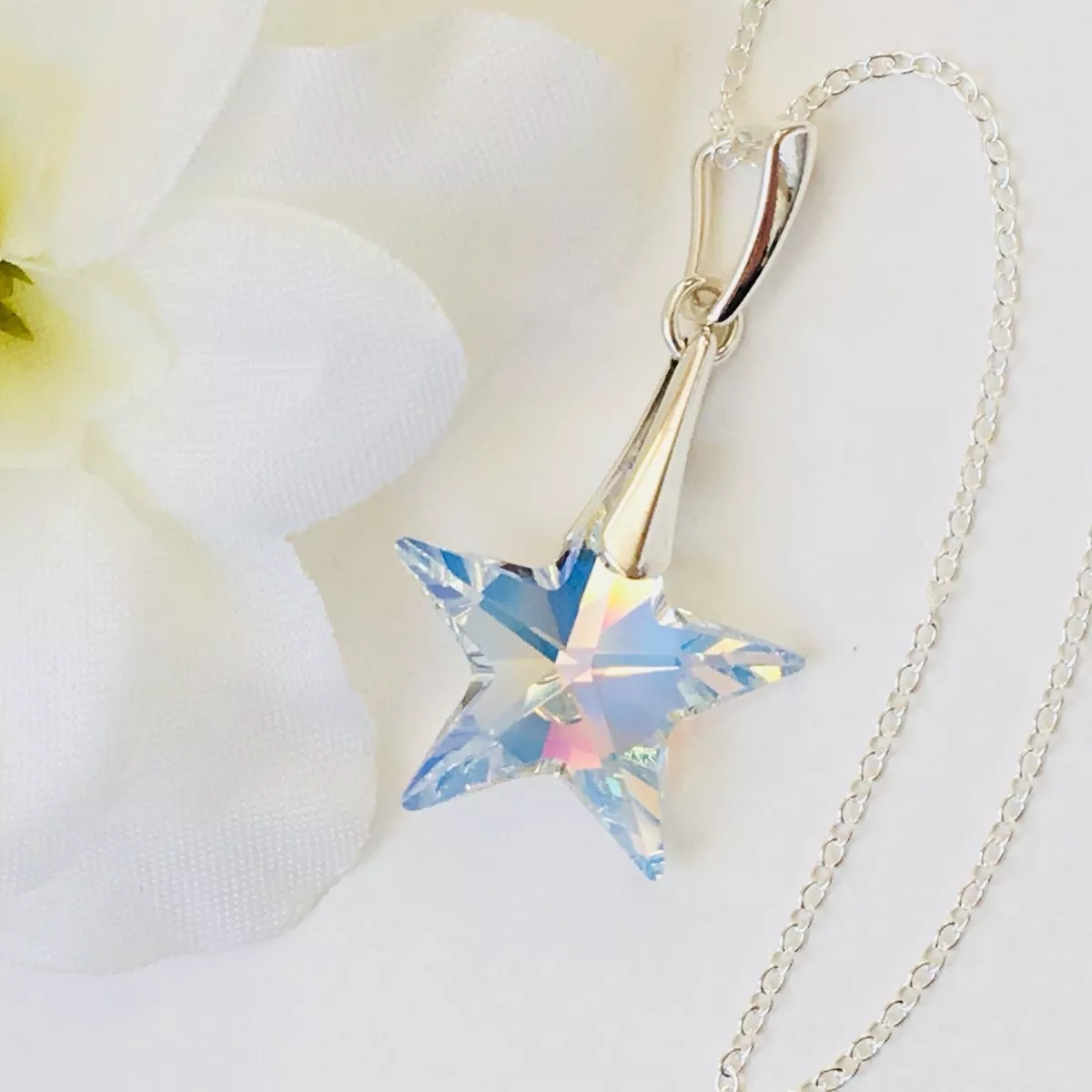 925 Sterling Silver 20mm Star Necklace Made With Swarovski Crystals Pendant AB