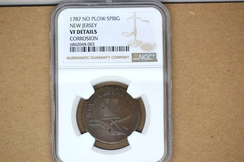 1787 New Jersey Colonial- No Plow Sprig- NGC VF Details.  Corrosion.