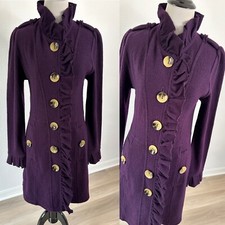 Luii Women’s Purple Boiled Wool Dress Coat Size Small Ruffle Accent Pockets
