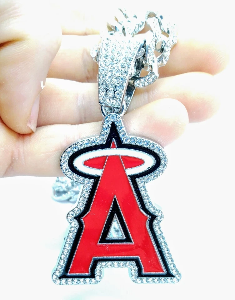 LOS ANGELES ANGELS GEM NECKLACE Silver Bling Baseball Hip Hop Pendant 20" Chain - Image 2 of 4