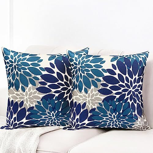 Decorative Throw Pillow Covers Set 18" x 18" (Pack of 2) Blue-no.2 Flower Color - Picture 3 of 8