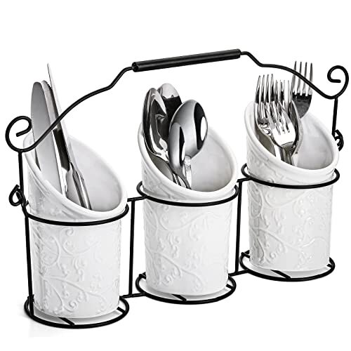 Nicunom Set of 3 Ceramic Flatware Caddy with Metal Rack Embossed Design