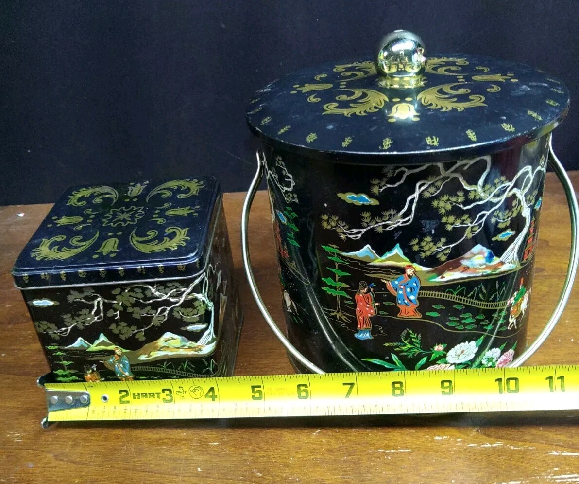 Vintage Baretware Round Biscuit Barrel Oriental Design And Vintage Baretware Round Biscuit Barrel Oriental Design And