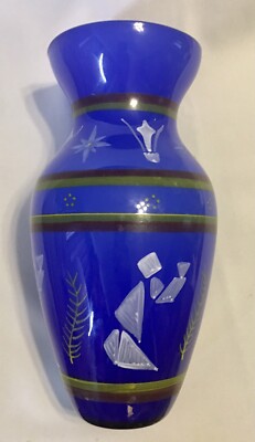Cobalt Blue Glass 10  Vase Painted Abstract  Design Home Decor Accent Piece