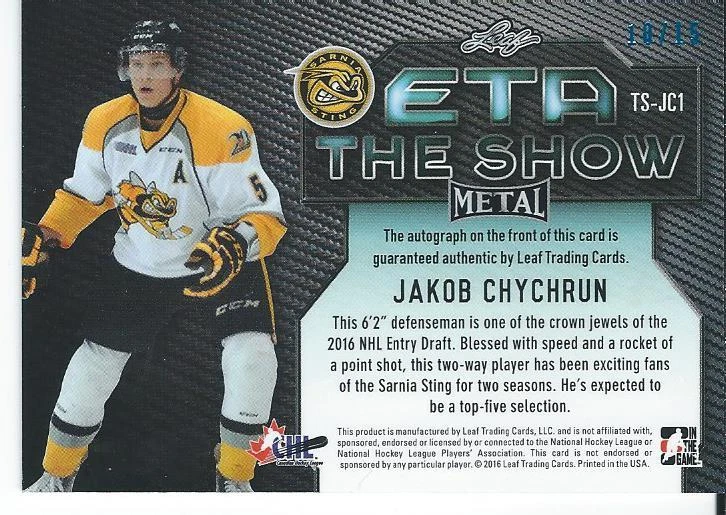 2015-16 Leaf Metal JAKOB CHYCHRUN #TS-JC1 Autograph 10/15 ETA The Show - Image 2 of 2