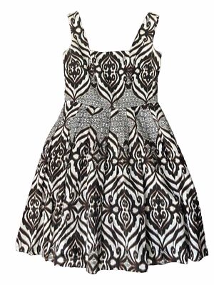 Eva Mendes Pleated Fit & Flare Midi Dress Women's Sz 4 brown white Print  Pocket | eBay
