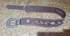 Nocona Belt Co. Brown Leather Flower Embroidered w/Rhinestones Western Belt Sz S