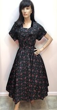 VTG 1950s Rayon Taffeta ROCKABILLY DRESS RED FLOCKED ROSES Silver GLITTER