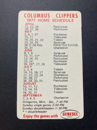 Columbus Clippers Pocket Schedule 1977 MiLB Pirates International Genesee Beer - Picture 2 of 2