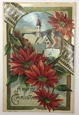 A Merry Christmas Shiny Glossy Antique PC Embossed 1913 Poinsettia Church