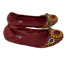 miu miu flats size 38.5 red leather studded jeweled slip on italy