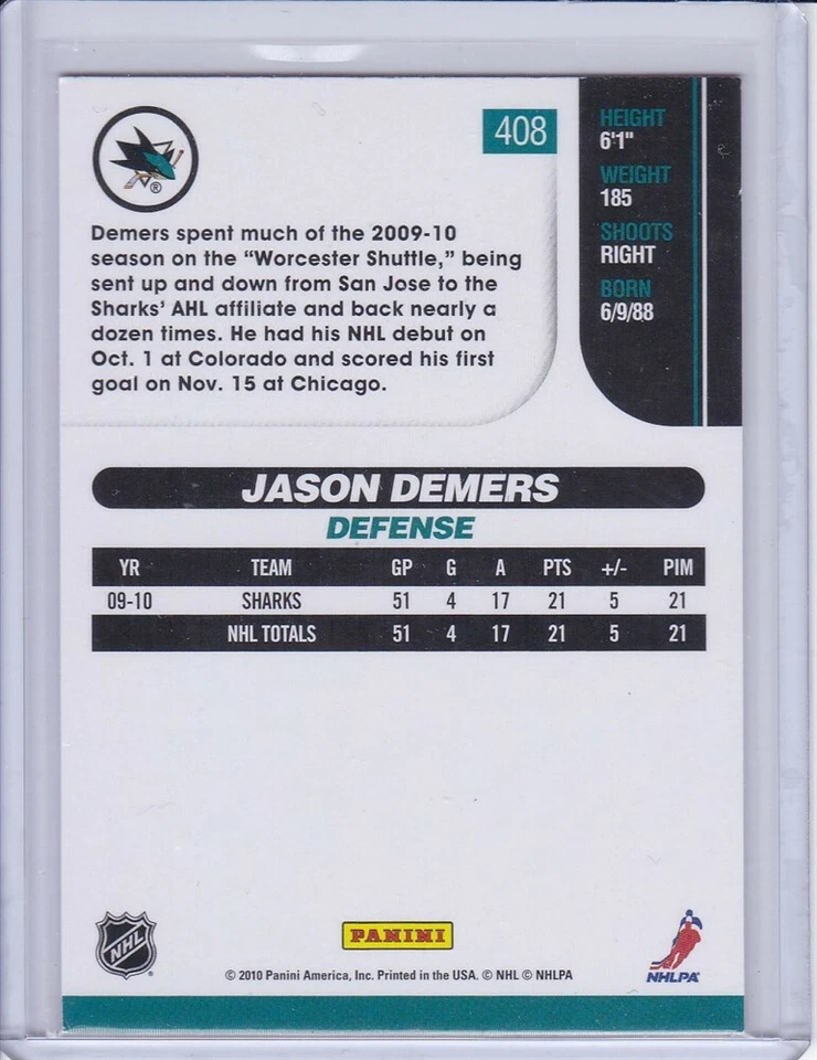 Jason Demers 2010 Score Glossy Hockey Card 408 - Image 2 of 2