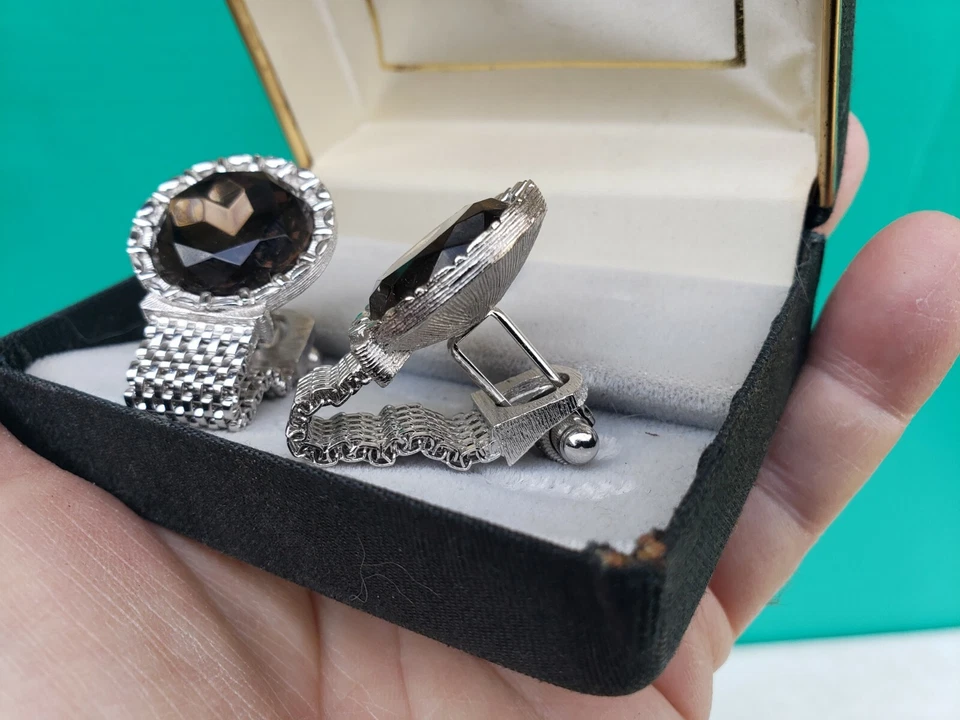 Swank Cufflinks Tie Pin Set UNUSED IN BOX Dark Olive Green Glass Stone MEN 1960s - Image 4 of 4