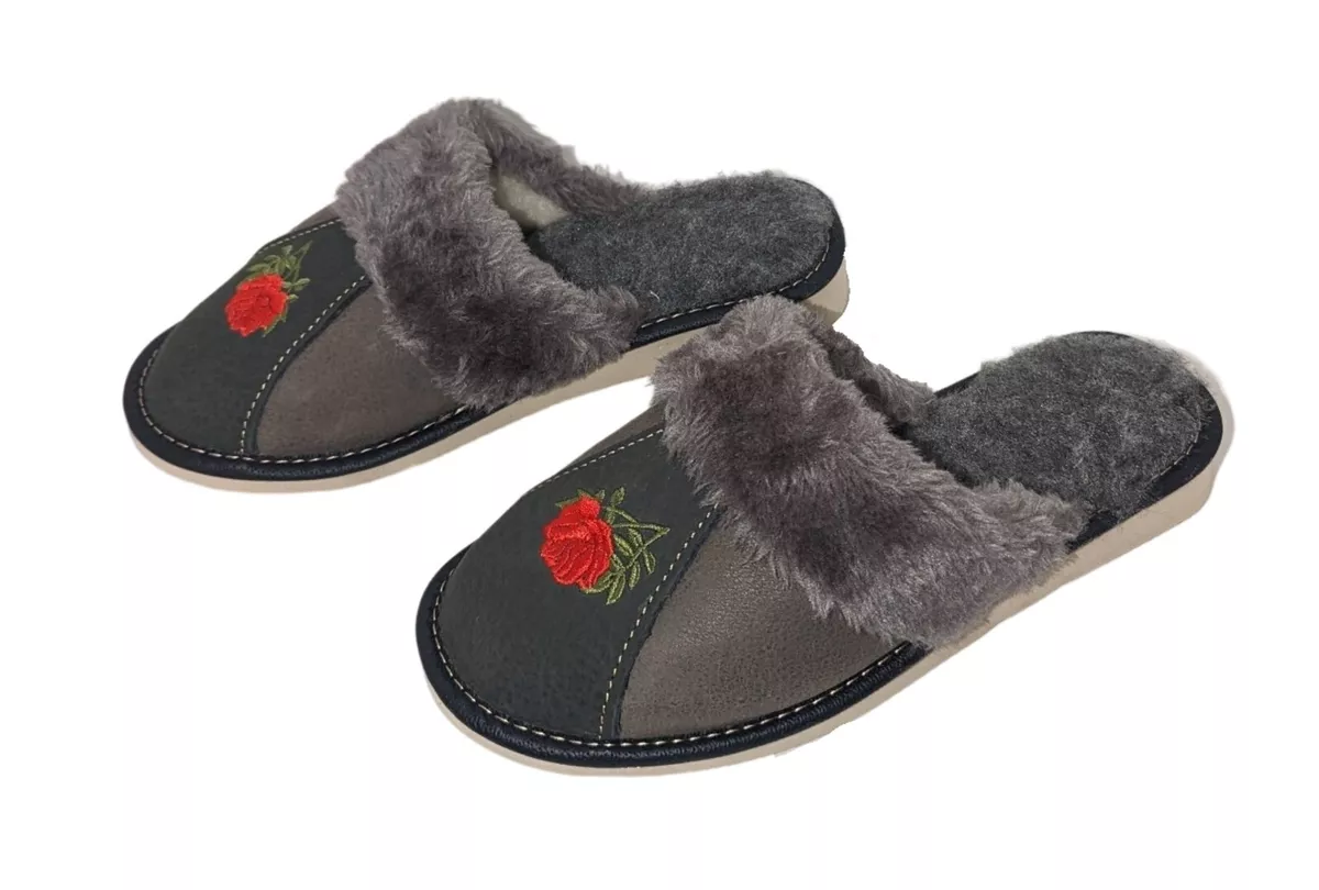 Leather slippers for women Natural wool Embraided Rose Khaki Grey Colour