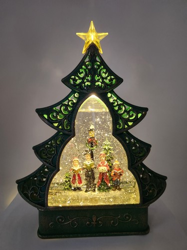 Christmas Tree Water Globe Carolers Lighted Star Spinning Glitter 11.5" By M4U