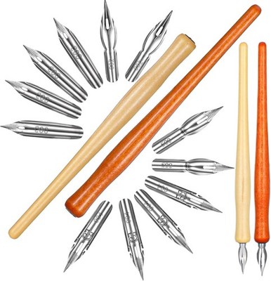 Calligraphy Dip Pen Set Oblique Holder 12 Nibs Stainless Steel Wood Beginner Kit