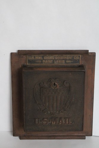 Antique Iron & Brass US Mail Slot, Shield & Flag, Chute Equipment Co., St. Louis