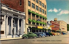 Ocala Florida Ocklawaha Avenue Old Cars Linen Postcard