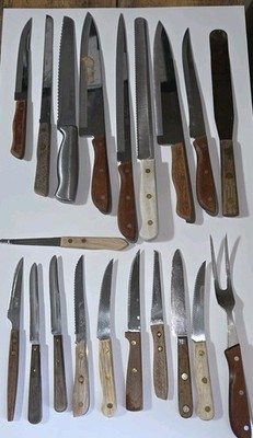 Lot of 19 Various Vintage Wood Handle Kitchen Knives, Meat Fork, Spreader RUSTY!