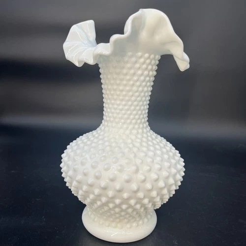 Vtg 11" Fenton White Milk Glass Hobnail Vase With Ruffled Crimped Edge: #3752