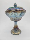 Indiana Carnival Glass Harvest Grapes Iridescent Blue Compote Bowl Pedestal lid