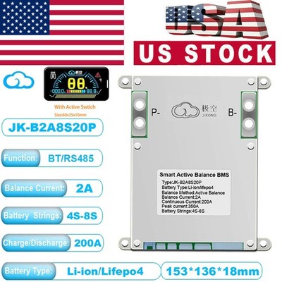 JK SMART BMS Lifepo4 Li-Ion Battery JK-B2A8S20P 4S-8S 200A Active Balance AEU US