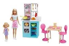 BARBIE Kitchen Baking w/ Chelsea Doll Playset 15 Accessories Table Chairs HBX03