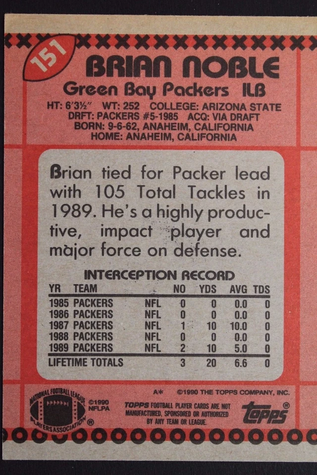 Brian Noble GB Packers Az State Autograph 1990 Topps #151 Signed Card 16J - Image 2 of 3