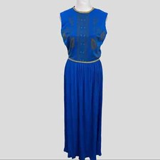 Vintage 70s Alfred Shaheen Blue and Gold Sleeveless Maxi Dress
