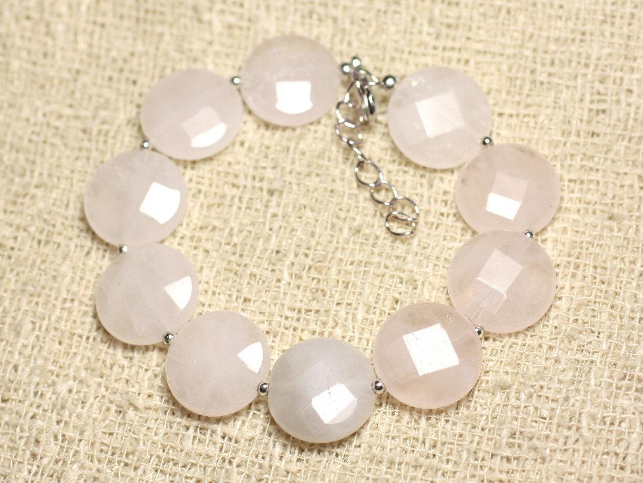 Bracelet en argent 925 avec quartz rose facetté de 15mm pour femme