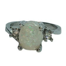 Silver Tone Man-Made Opal And Faux Diamond Ring Size 7 Unreadable Stamp