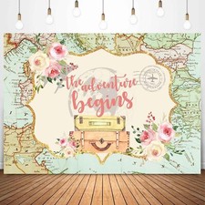 The Adventure Begins Backdrop Global Travel Baby Shower Backdrops World Map P...