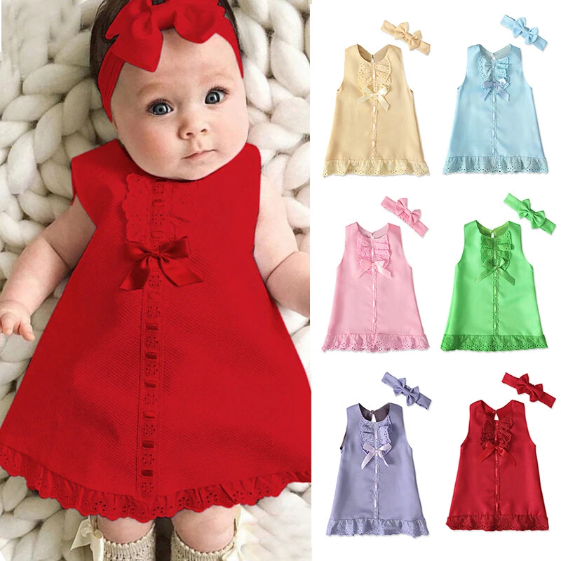 Clothes Set Baby Girls Dress Infant Outfit Headband Bowknot Dress