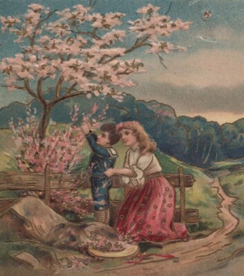 With Kind Regards Mother Son Blooming Tree Divided Back Vintage Post Card