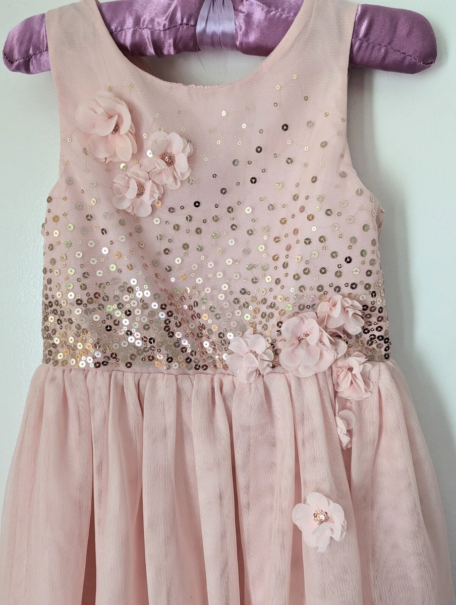 H M Girl Dress Peach Sequins and Flowers Size 6 7