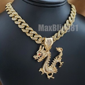 Authentic Gold Plated Dragon Cubic Zirconia Pendant 16" ~ 24" Iced Cuban Chain Necklace