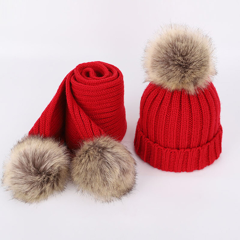 2PCS Kids Children Winter Hat Scarf Set Pom Pom Beanie Hat Knitted Scarf  Outdoor - Main Image