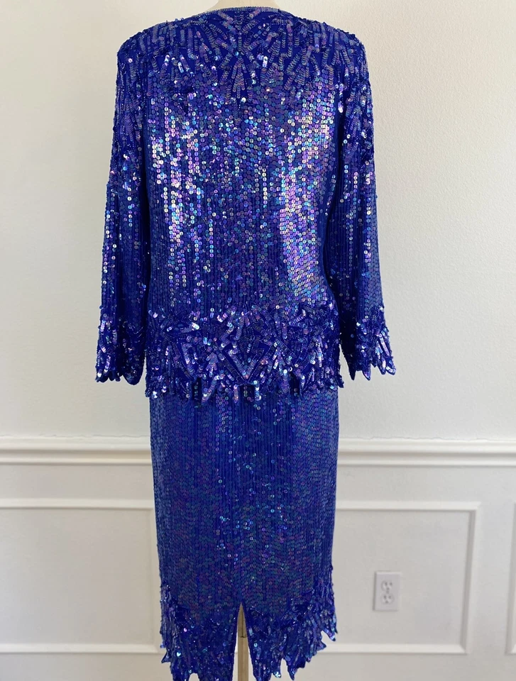 Stenay De Colección Años 90 80 Lentejuelas Conjunto de 2 Piezas Blusa de Seda Falda Midi en Azul Real Talla L - Imagen 2 de 4