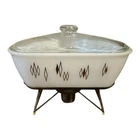 Vtg MCM INLAND GLASS Atomic Milk glass  Triangle Dish Glass Lid W/ Metal Stand