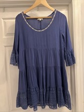 Kori America Blue Cotton/Lace Short Dress Size Small Boho Country