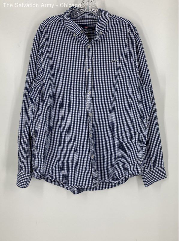 Vineyard Vines Mens Blue White Gingham Cotton Whale Button-Up Shirt Size XL